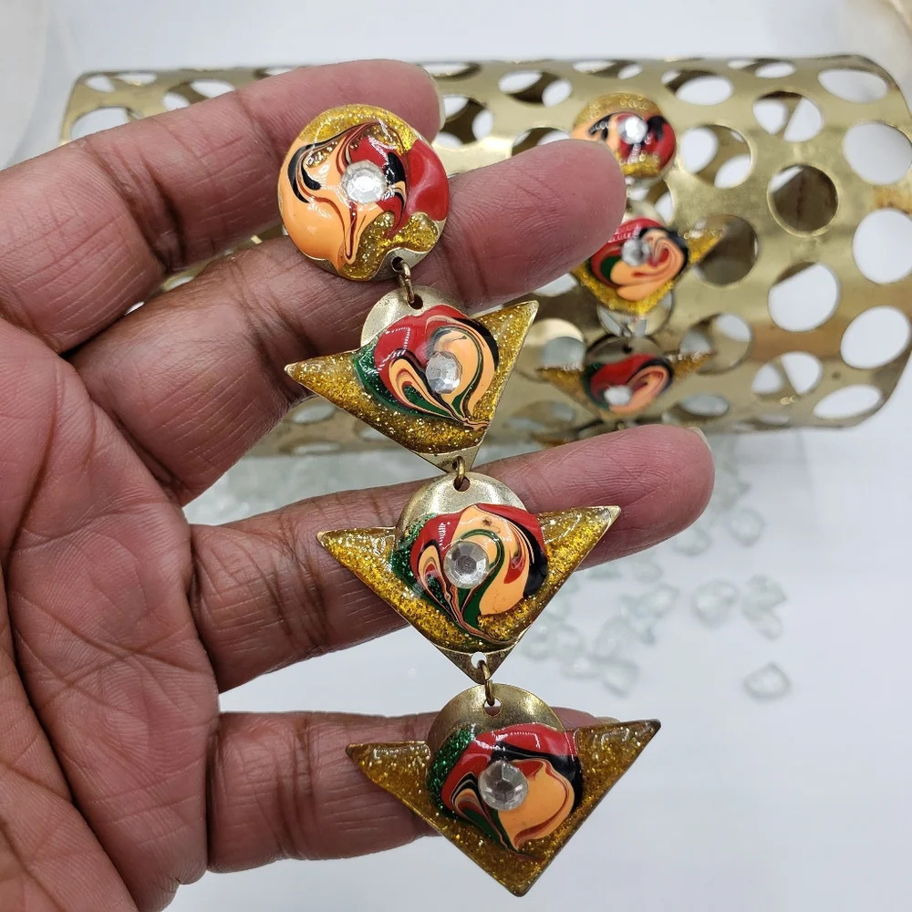 Vintage 70s Earrings • Multi-Colored • Extended Length • Pierced